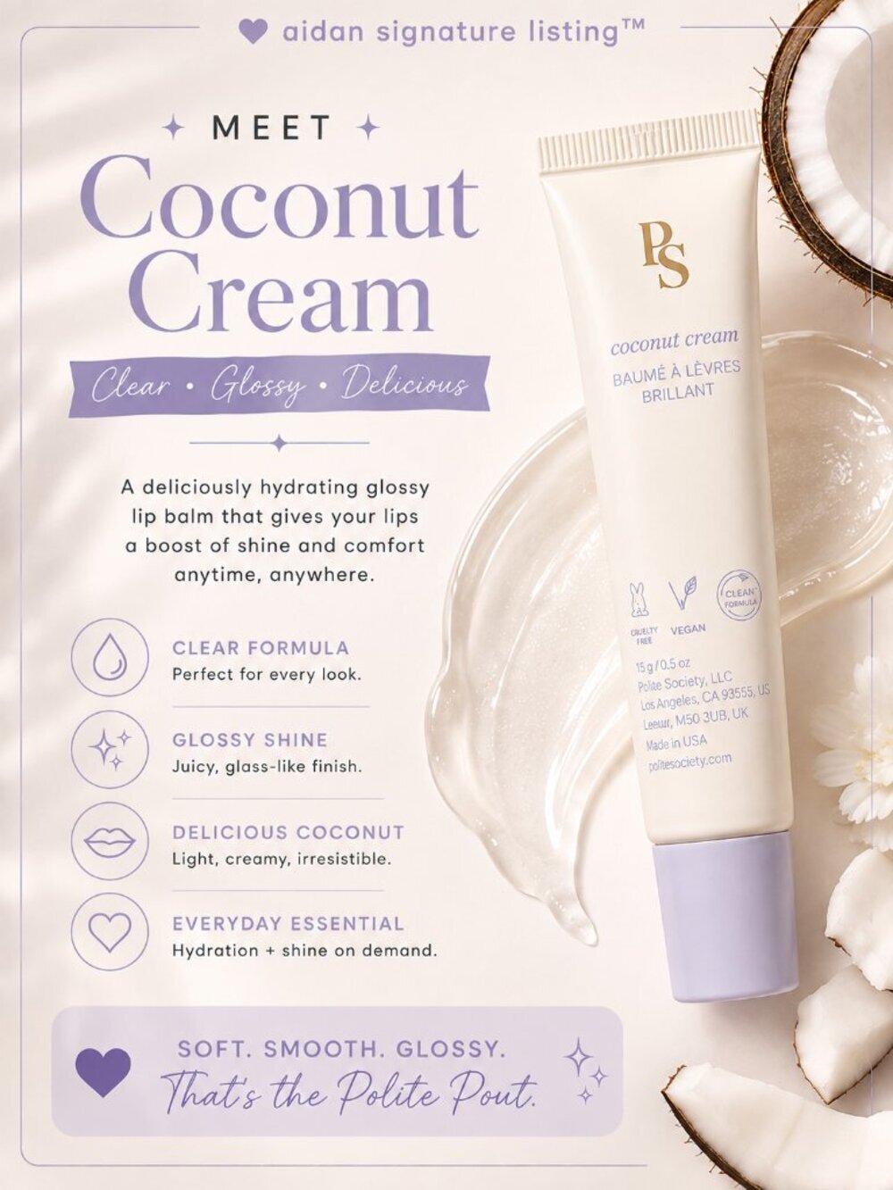 Polite Society Polite Pout Glossy Lip Balm Coconut Cream Full Size 0.5 oz NIB